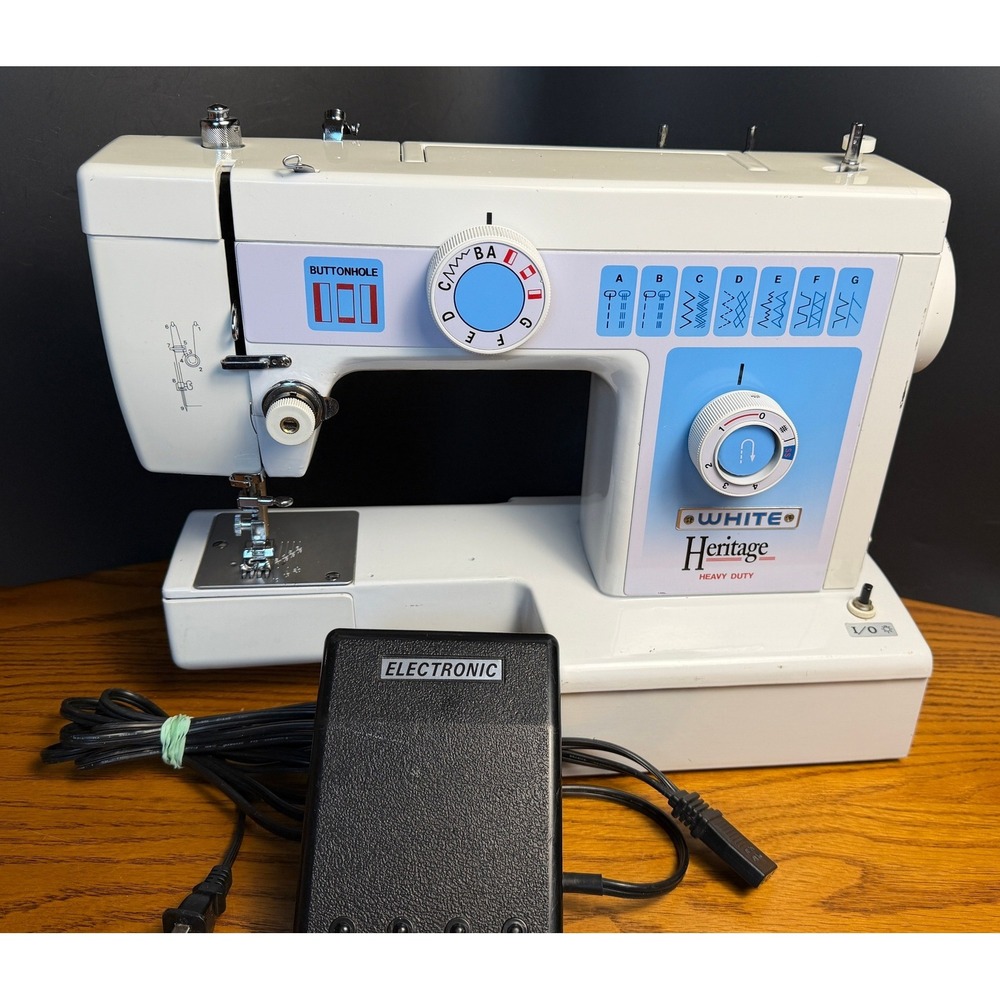 White Heritage Heavy Duty Sewing Machine Model 1550 White Blue Electronic Tested